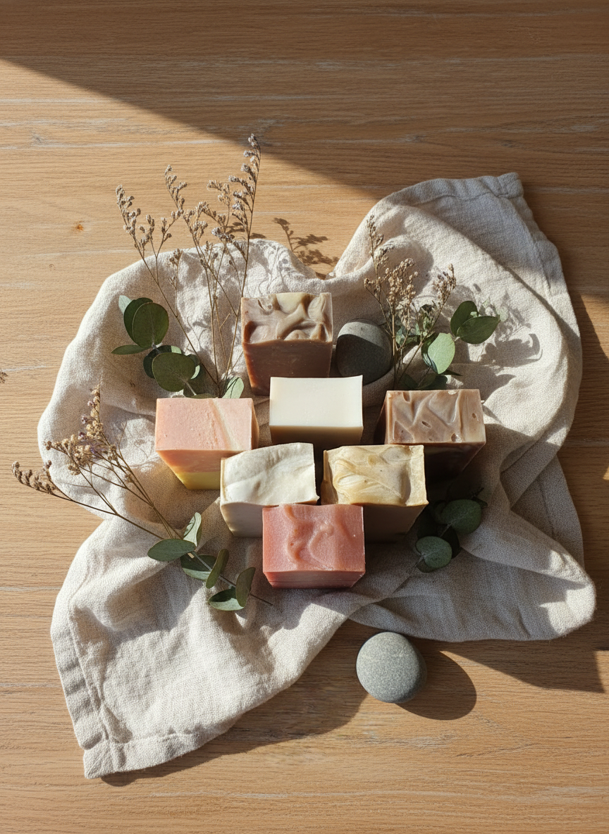 Rustieke flat lay met kleurrijke zepen