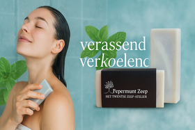 Pepermuntzeep banner met tekst "verassend verkoelend"