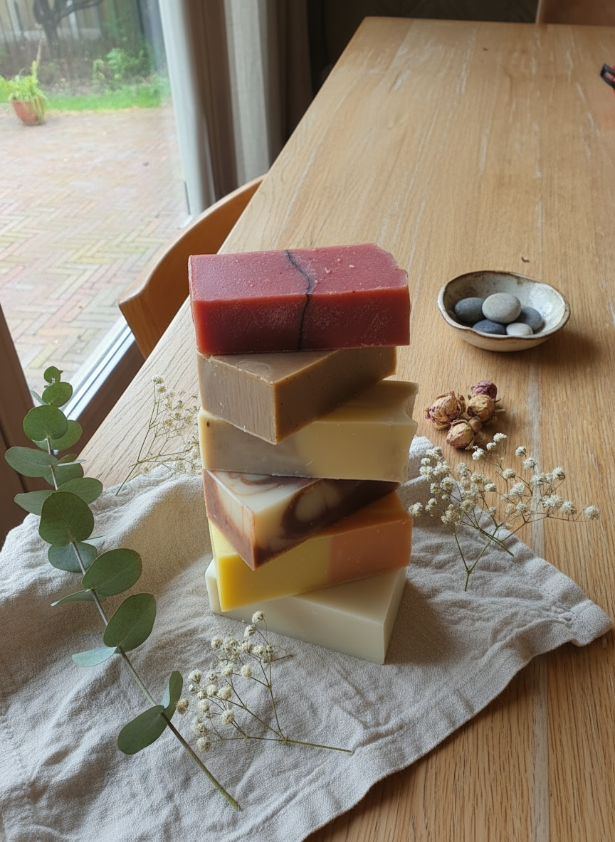 Rustieke flat lay met kleurrijke zepen