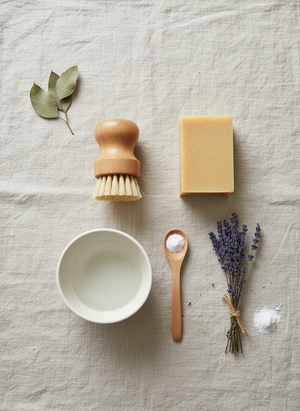 Zeepborstel en schoonmaakzeep flat lay