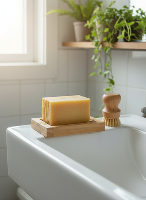 Zeepborstel en schoonmaakzeep in badkamer
