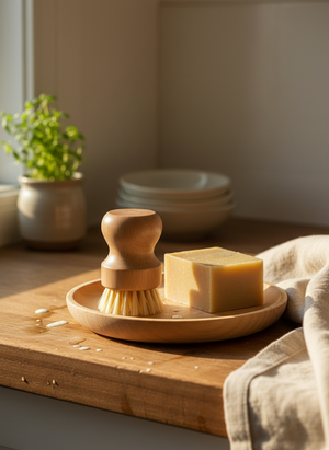 Zeepborstel en schoonmaakzeep op dienblad