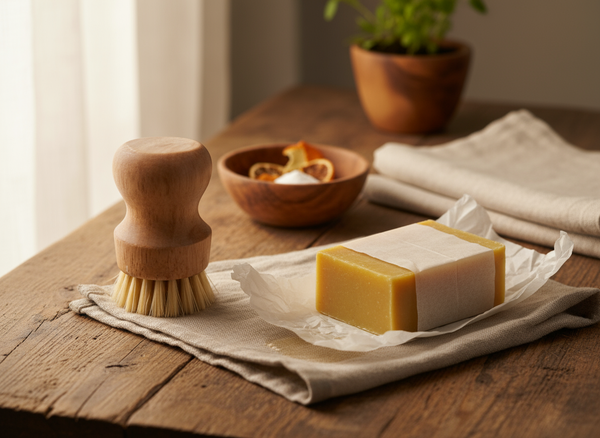 Zeepborstel en schoonmaakzeep op hout